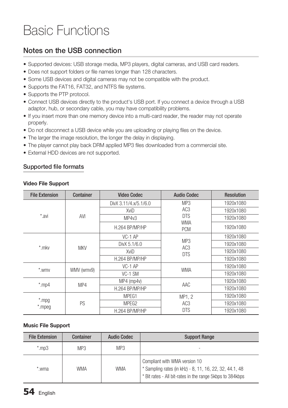 Notes on the usb connection, Basic functions | Samsung BD-C7900 User Manual | Page 54 / 74