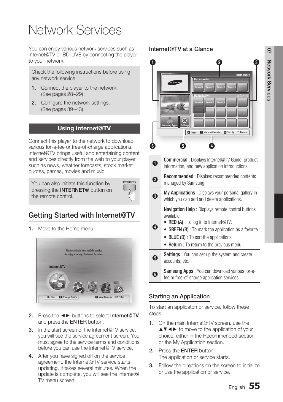 Network services, Using internet@tv, Getting started with internet@tv | Samsung BD-C7900 User Manual | Page 55 / 74