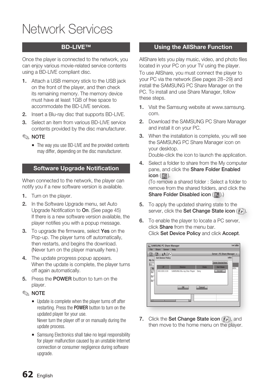 Bd-live, Software upgrade notification, Using the allshare function | Network services | Samsung BD-C7900 User Manual | Page 62 / 74