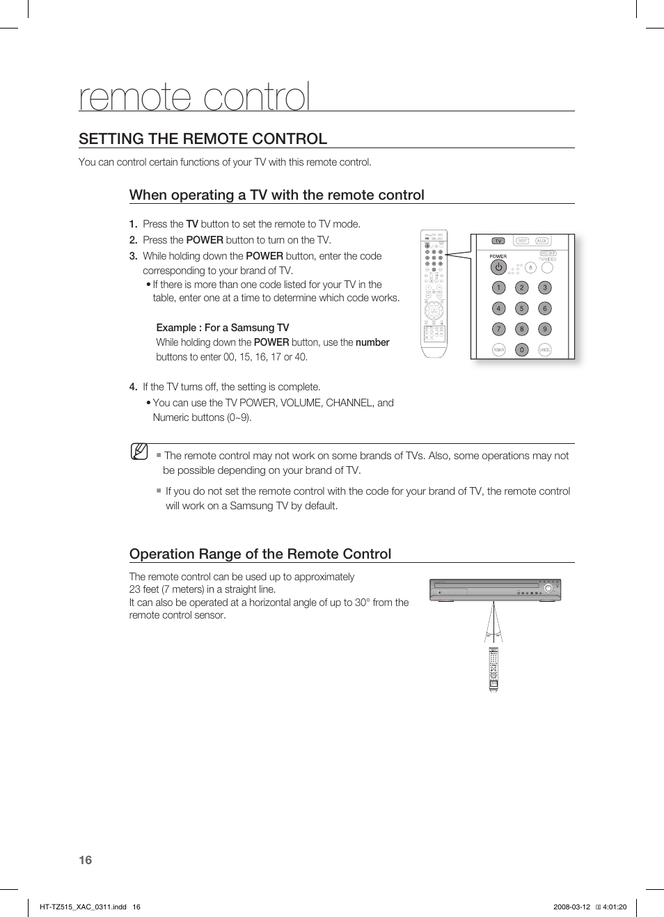 Remote control, Setting the remote control | Samsung HT-TZ515 User Manual | Page 16 / 79