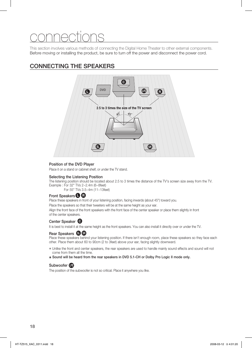 Conecting the speakers, Connections, Connecting the speakers | Samsung HT-TZ515 User Manual | Page 18 / 79