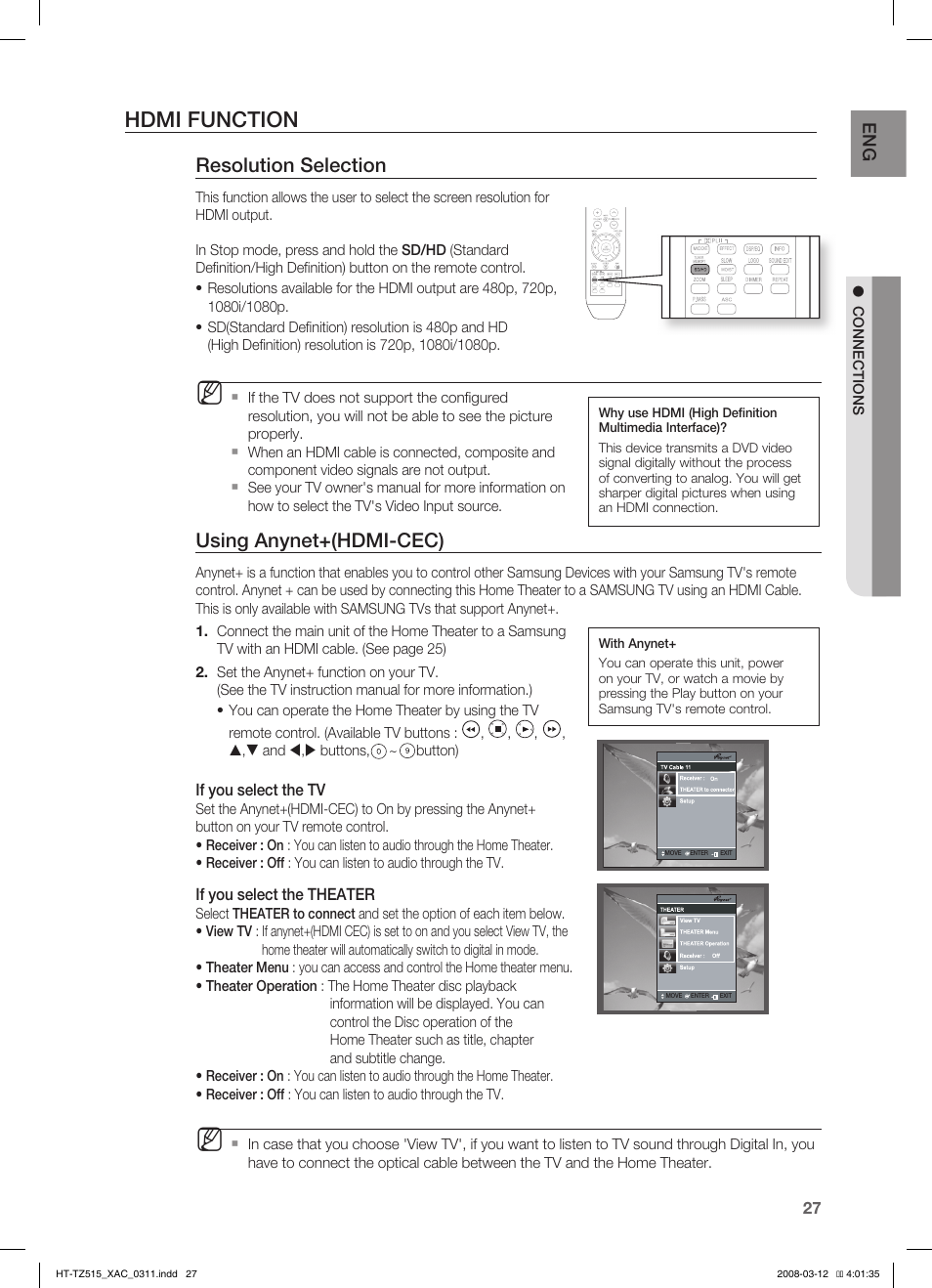 Conecting an ipod, Hdmi function, Resolution selection | Using anynet+(hdmi-cec), If you select the tv, If you select the theater | Samsung HT-TZ515 User Manual | Page 27 / 79