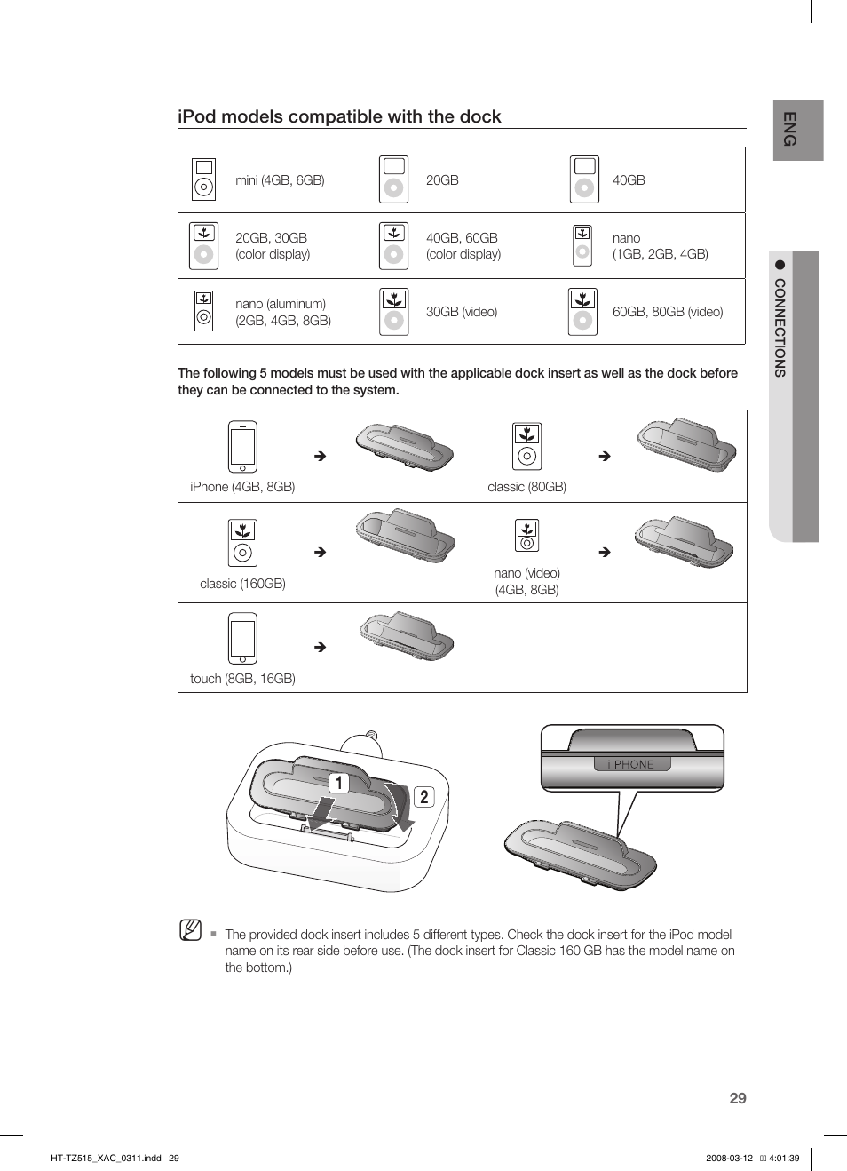 Ipod models compatible with the dock | Samsung HT-TZ515 User Manual | Page 29 / 79