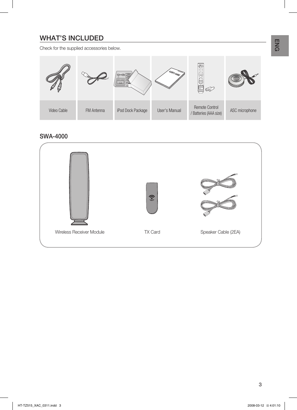 What’s included, Swa-4000 | Samsung HT-TZ515 User Manual | Page 3 / 79