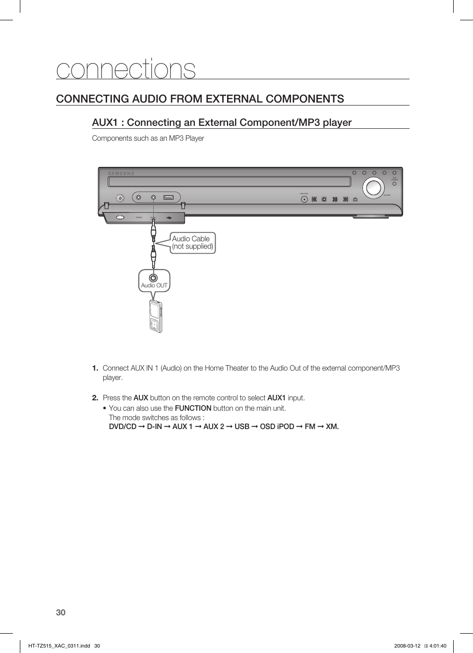 Conecting audio from external components, Connections, Connecting audio from external components | Aux1 : connecting an external component/mp3 player | Samsung HT-TZ515 User Manual | Page 30 / 79