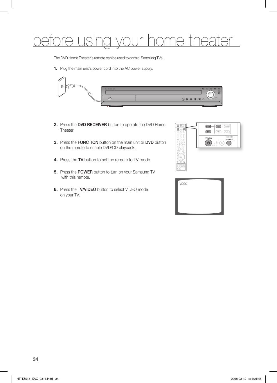Before using your home theater, Disc playback | Samsung HT-TZ515 User Manual | Page 34 / 79
