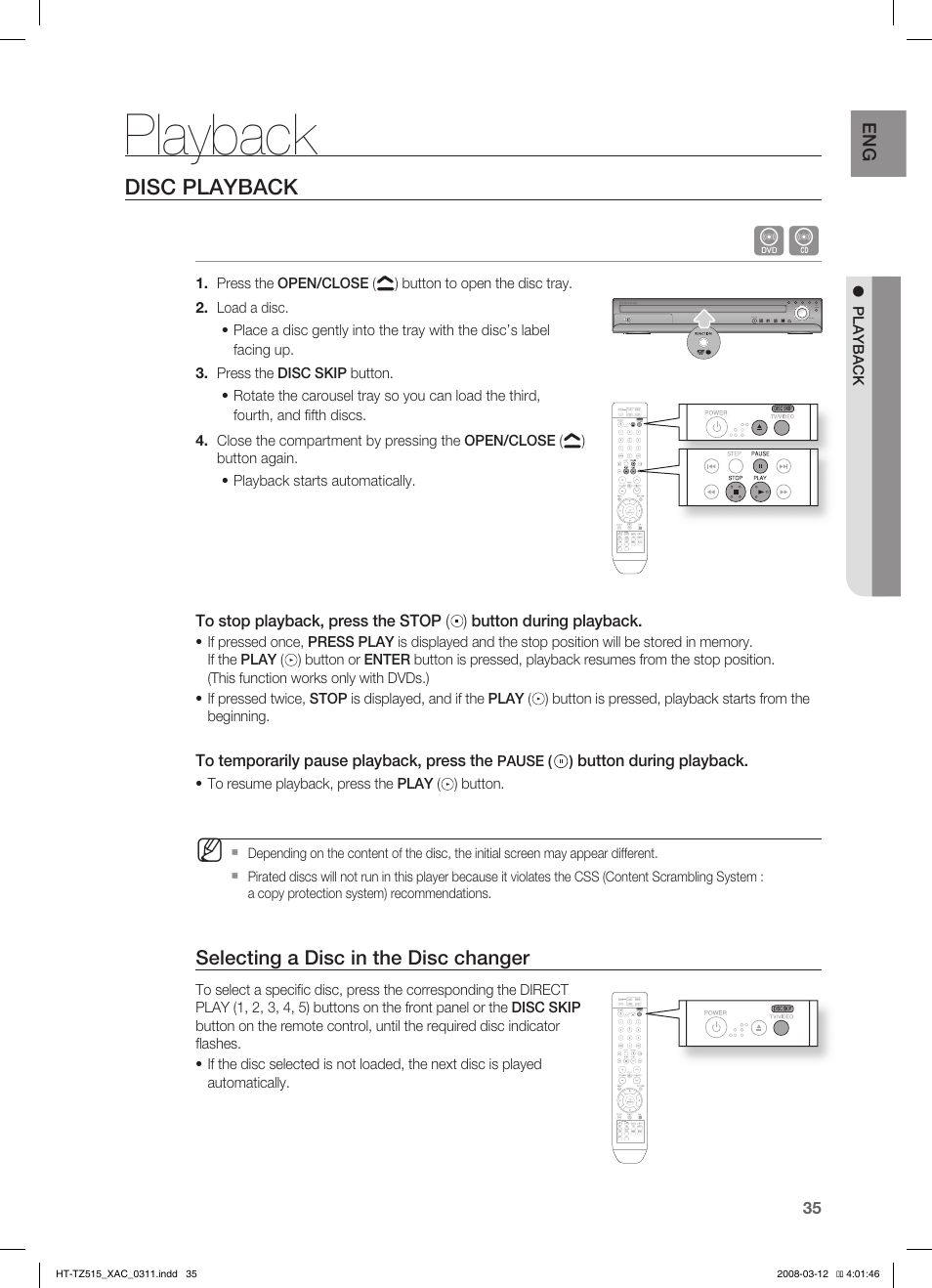Mp3/wma-cd playback, Playback, Disc playback | Samsung HT-TZ515 User Manual | Page 35 / 79