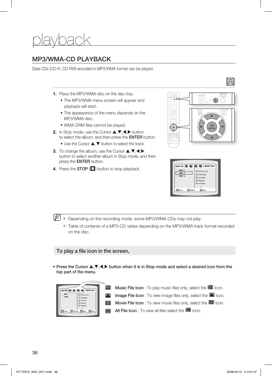 Playback, Mp3/wma-cd playback | Samsung HT-TZ515 User Manual | Page 36 / 79