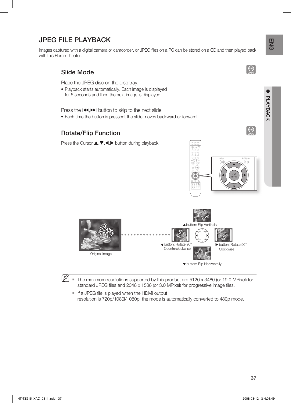 Divx playback, Jpeg file playback, Slide mode | Rotate/flip function | Samsung HT-TZ515 User Manual | Page 37 / 79