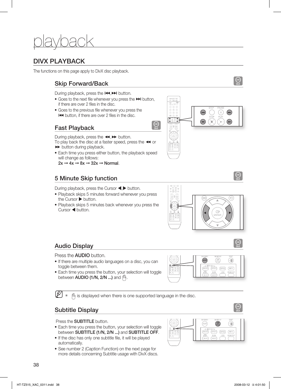 Playback, Divx playback | Samsung HT-TZ515 User Manual | Page 38 / 79