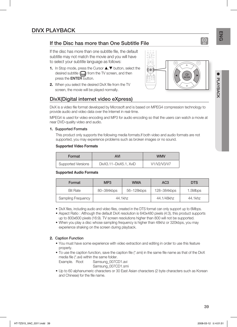 Divx playback, If the disc has more than one subtitle file, Divx(digital internet video express) | Samsung HT-TZ515 User Manual | Page 39 / 79
