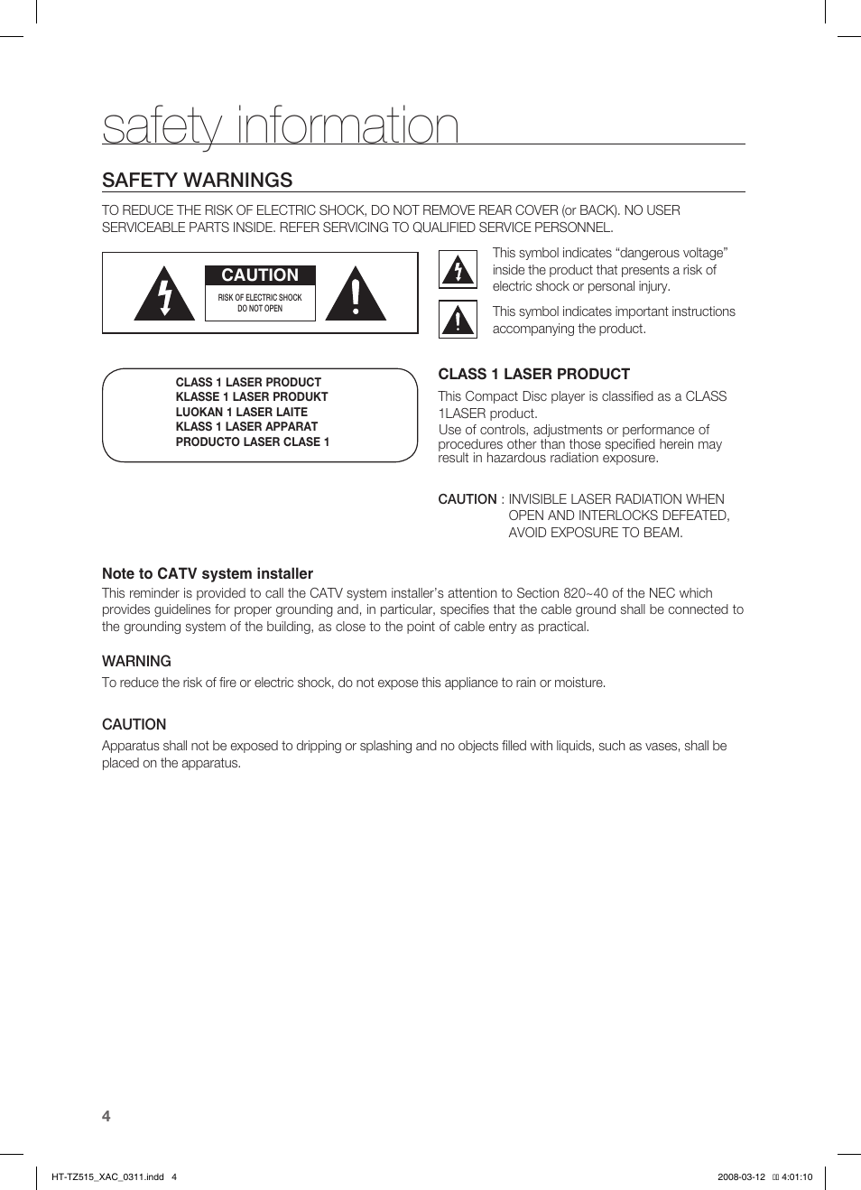 Safety information, Safety warnings | Samsung HT-TZ515 User Manual | Page 4 / 79