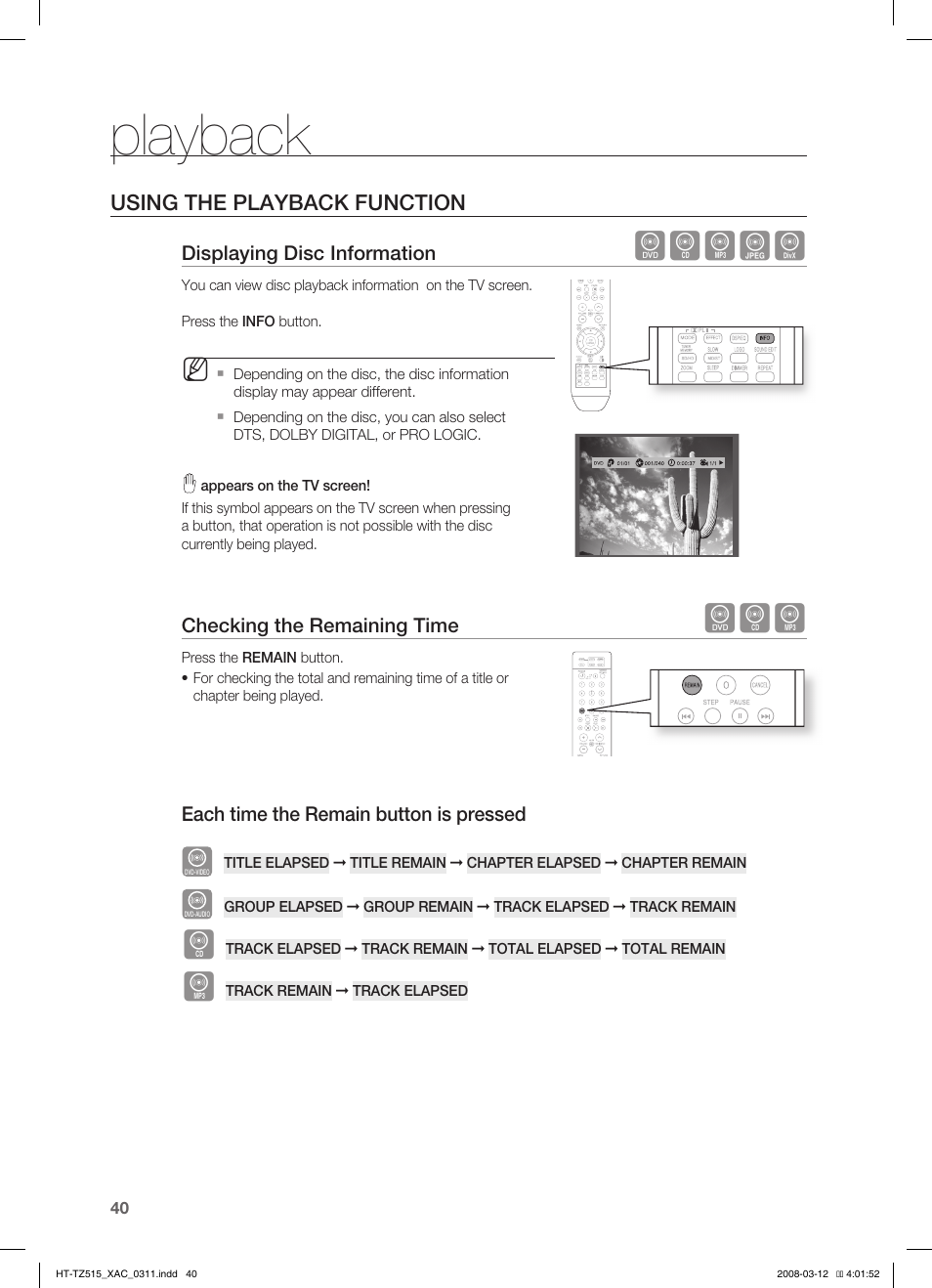 Using the playback function, Playback, Dbagd | Samsung HT-TZ515 User Manual | Page 40 / 79