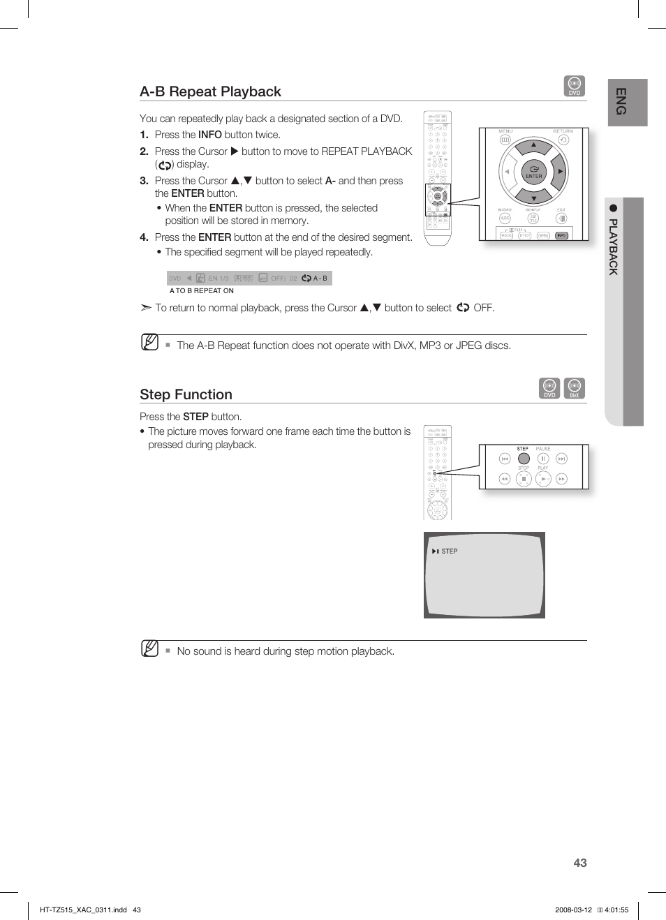 A-b repeat playback, Step function | Samsung HT-TZ515 User Manual | Page 43 / 79