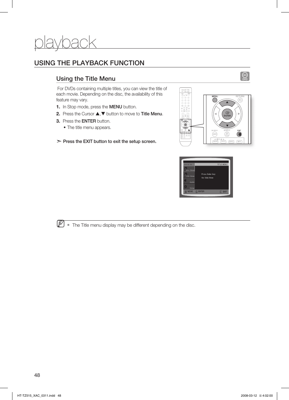 Playback, Using the playback function | Samsung HT-TZ515 User Manual | Page 48 / 79