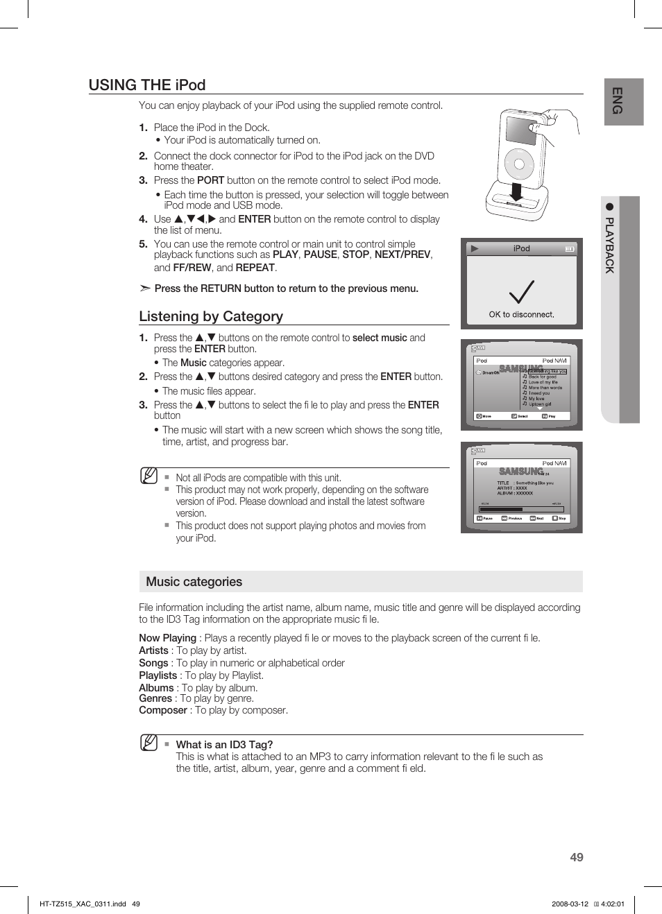 Playing media files using the usb host feature, Using the ipod, Listening by category | Samsung HT-TZ515 User Manual | Page 49 / 79