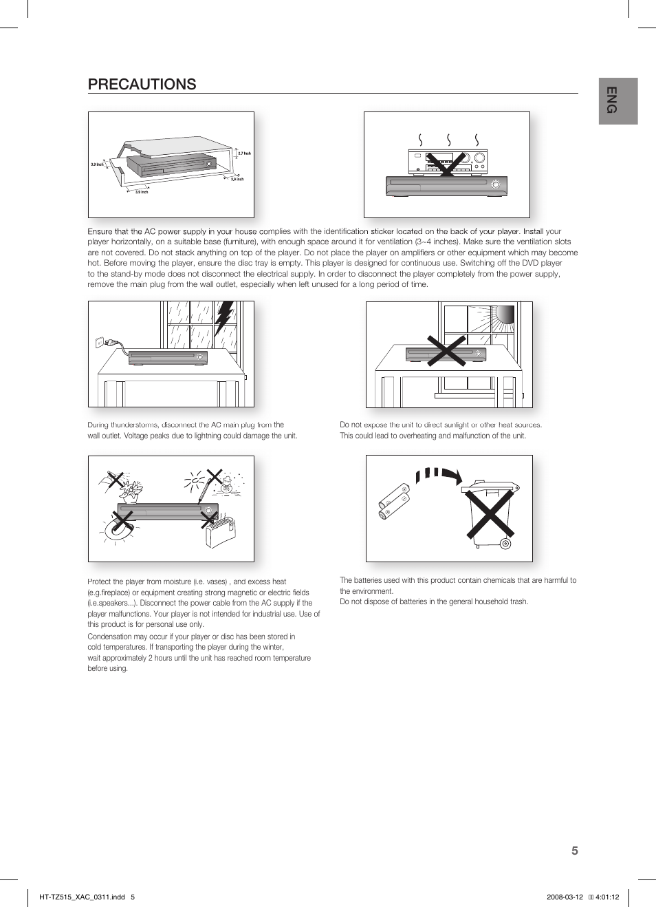 Precautions | Samsung HT-TZ515 User Manual | Page 5 / 79