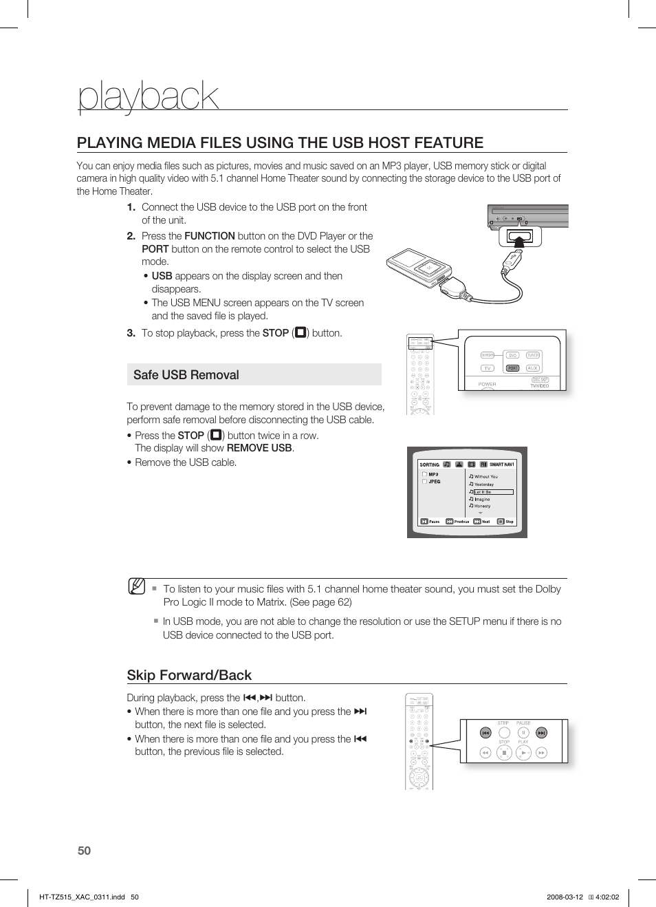 Playback, Playing media files using the usb host feature, Skip forward/back | Samsung HT-TZ515 User Manual | Page 50 / 79