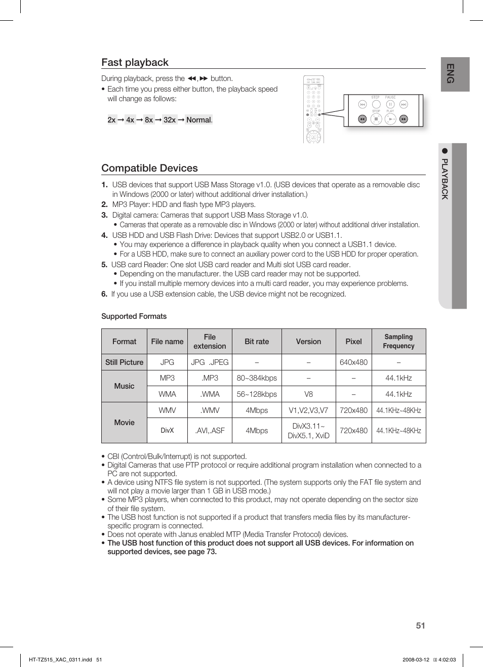 Seting the language, Fast playback, Compatible devices | Samsung HT-TZ515 User Manual | Page 51 / 79