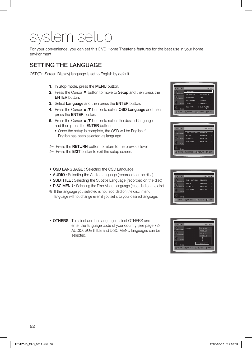 Seting tv screen type, System setup, Setting the language | Samsung HT-TZ515 User Manual | Page 52 / 79