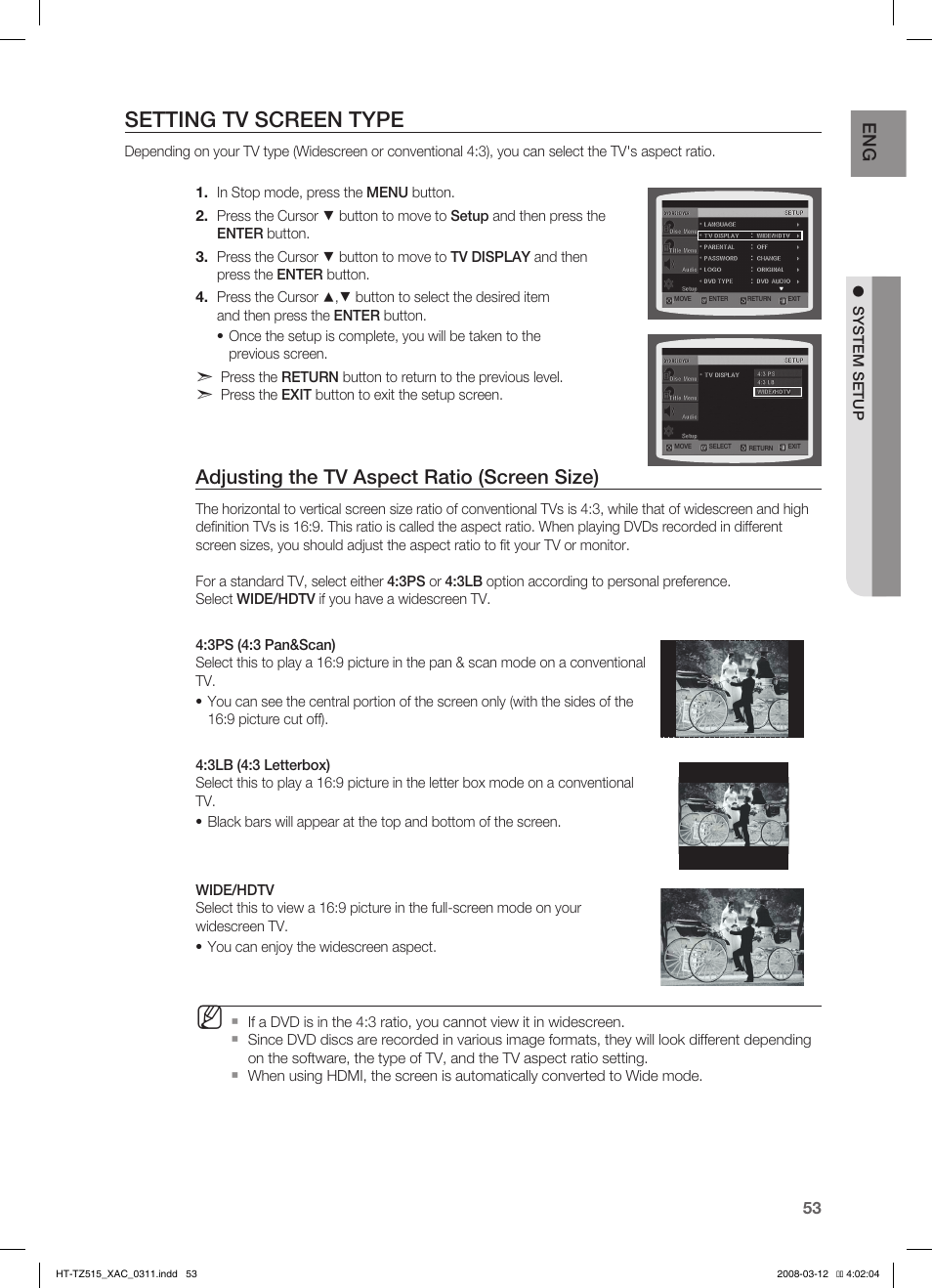 Seting parental controls (rating level), Setting tv screen type, Adjusting the tv aspect ratio (screen size) | Samsung HT-TZ515 User Manual | Page 53 / 79