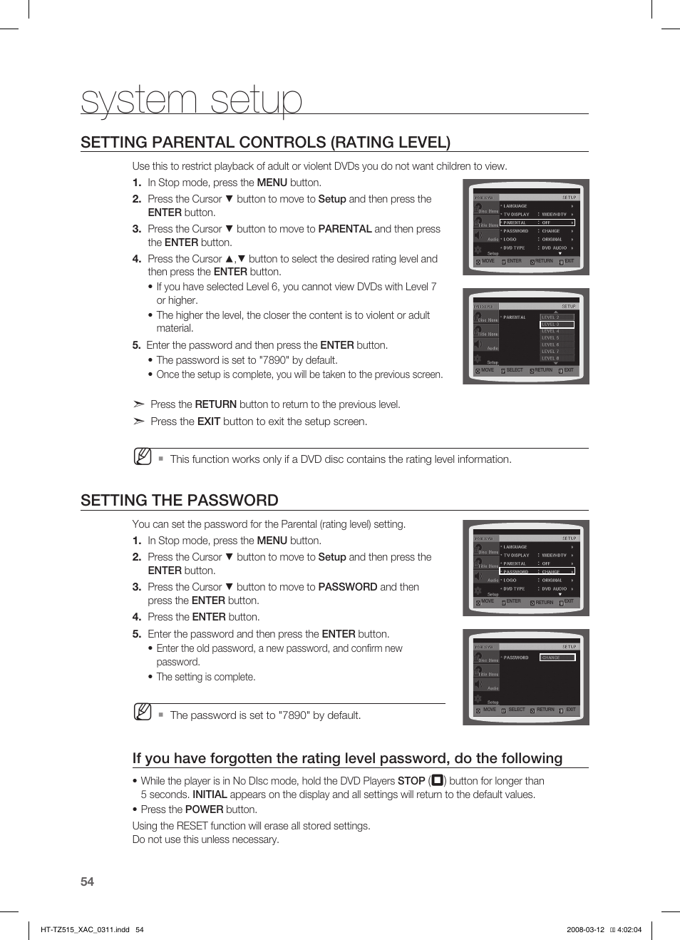 Seting the pasword, Setting the wallpaper, System setup | Setting parental controls (rating level), Setting the password | Samsung HT-TZ515 User Manual | Page 54 / 79