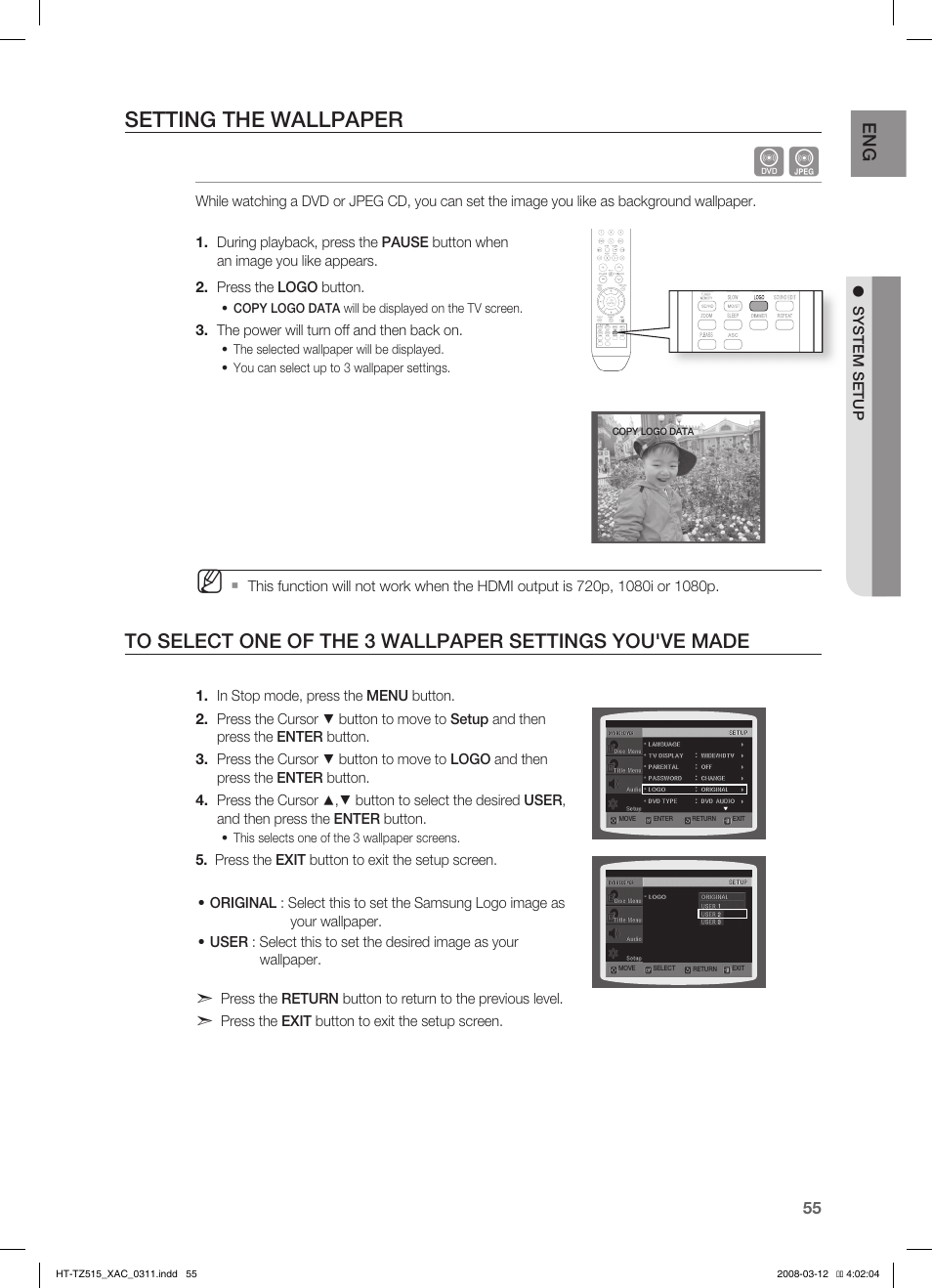 Setting the wallpaper | Samsung HT-TZ515 User Manual | Page 55 / 79