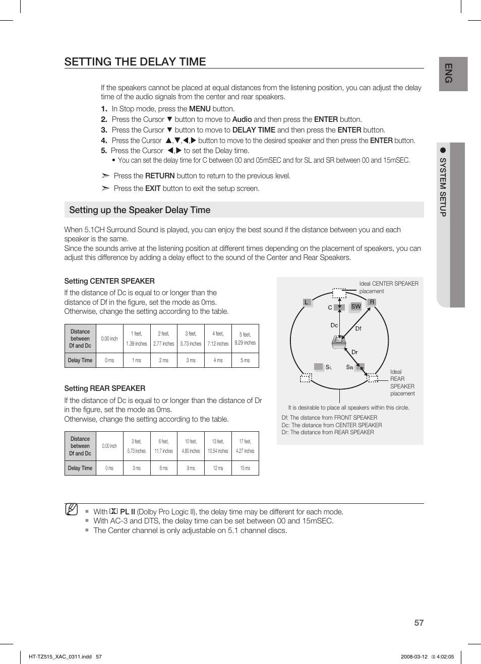 Setting the delay time, Setting up the speaker delay time | Samsung HT-TZ515 User Manual | Page 57 / 79