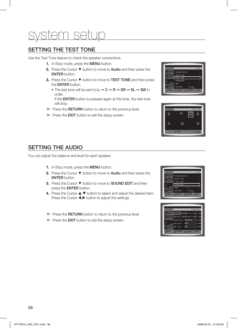 Seting the test tone, Seting the audio, System setup | Setting the test tone, Setting the audio | Samsung HT-TZ515 User Manual | Page 58 / 79