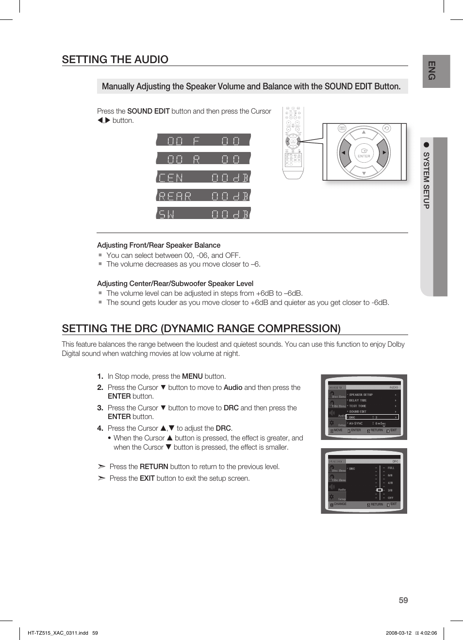 Setting the audio, Setting the drc (dynamic range compression) | Samsung HT-TZ515 User Manual | Page 59 / 79