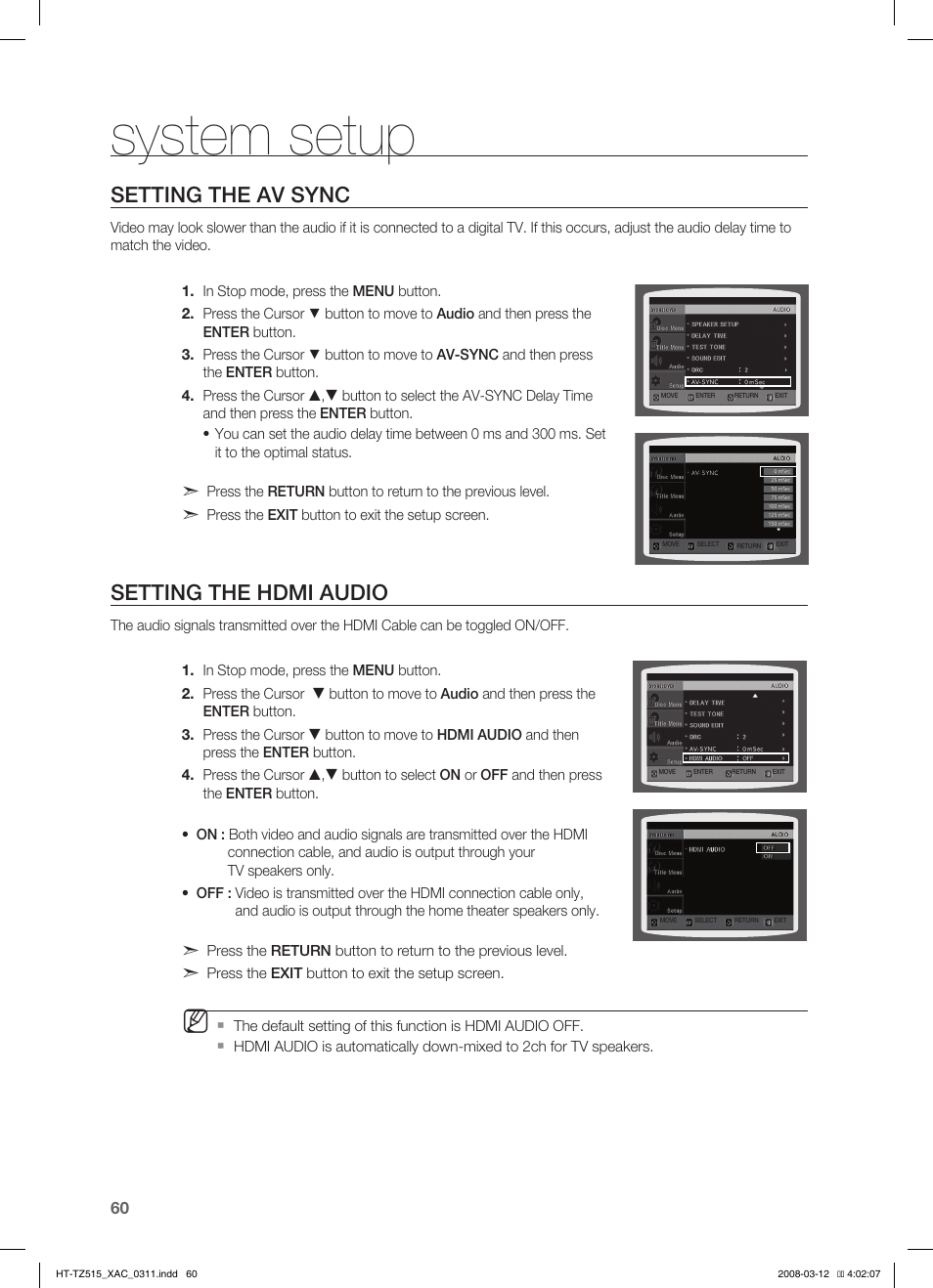 Seting the av sync, Seting the hdmi audio, Sound field (dsp)/eq function | System setup, Setting the av sync, Setting the hdmi audio | Samsung HT-TZ515 User Manual | Page 60 / 79