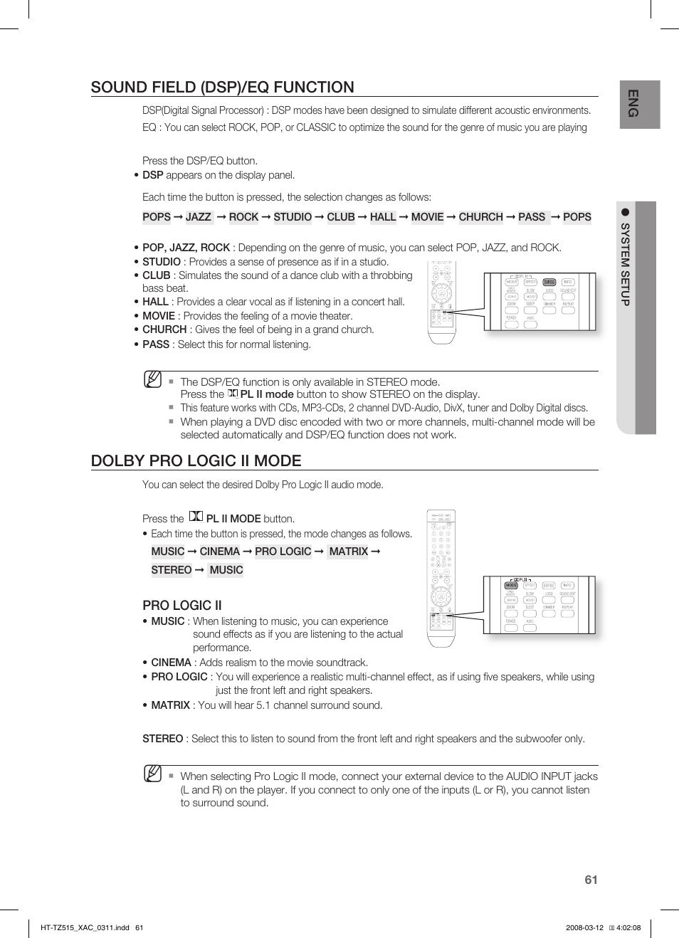 Dolby pro logic ii mode, Sound field (dsp)/eq function | Samsung HT-TZ515 User Manual | Page 61 / 79