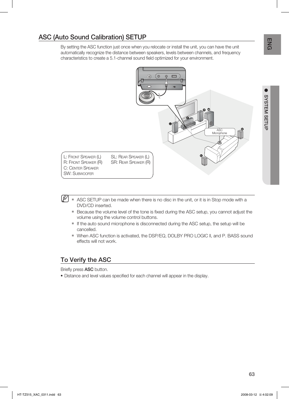 Asc (auto sound calibration) setup | Samsung HT-TZ515 User Manual | Page 63 / 79
