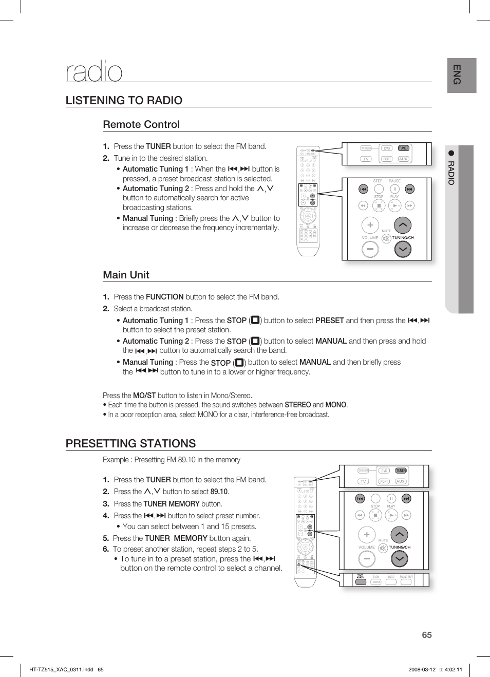 Listening to radio, Presetting stations, Radio | Remote control, Main unit | Samsung HT-TZ515 User Manual | Page 65 / 79