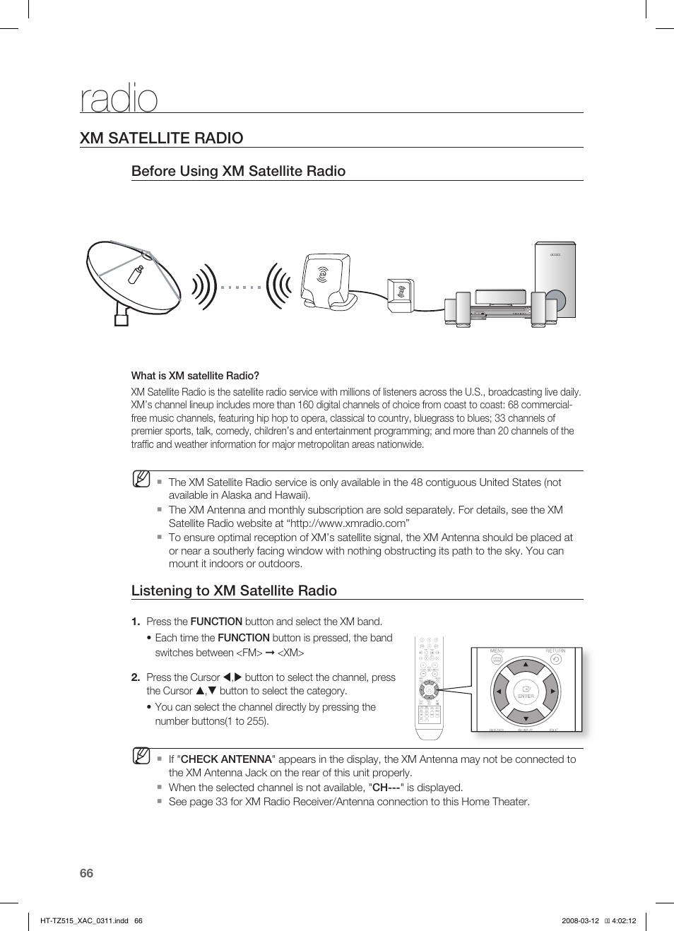 Xm satellite radio, Radio | Samsung HT-TZ515 User Manual | Page 66 / 79