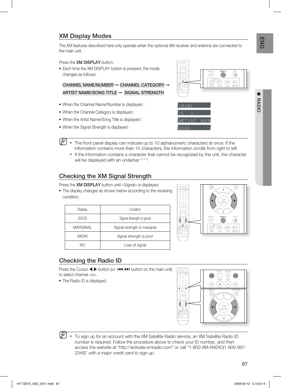 Xm display modes, Checking the xm signal strength, Checking the radio id | Samsung HT-TZ515 User Manual | Page 67 / 79