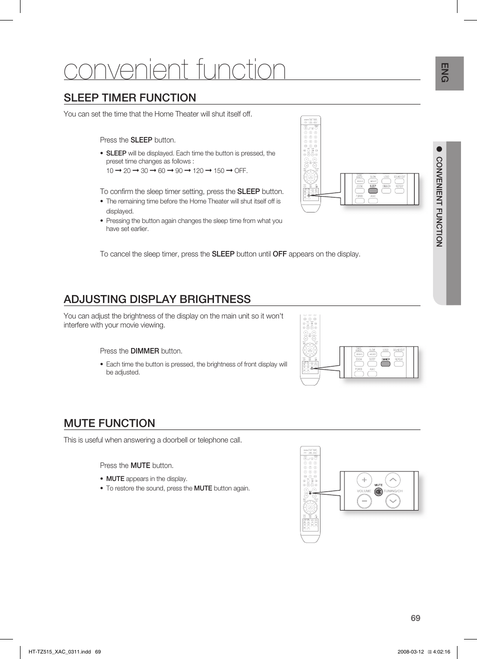 Sleep timer function, Adjusting display brightness, Mute function | Convenient function | Samsung HT-TZ515 User Manual | Page 69 / 79