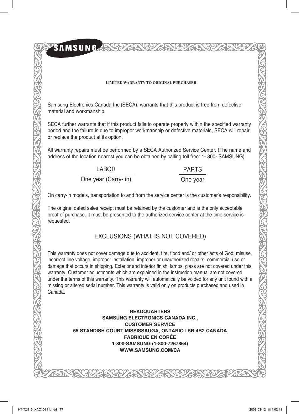 Exclusions (what is not covered) | Samsung HT-TZ515 User Manual | Page 77 / 79
