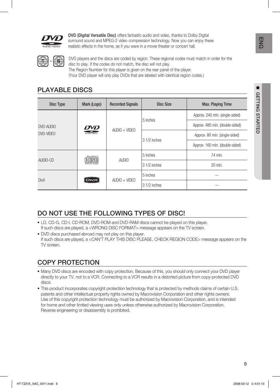 Playable discs, Do not use the following types of disc, Copy protection | Samsung HT-TZ515 User Manual | Page 9 / 79