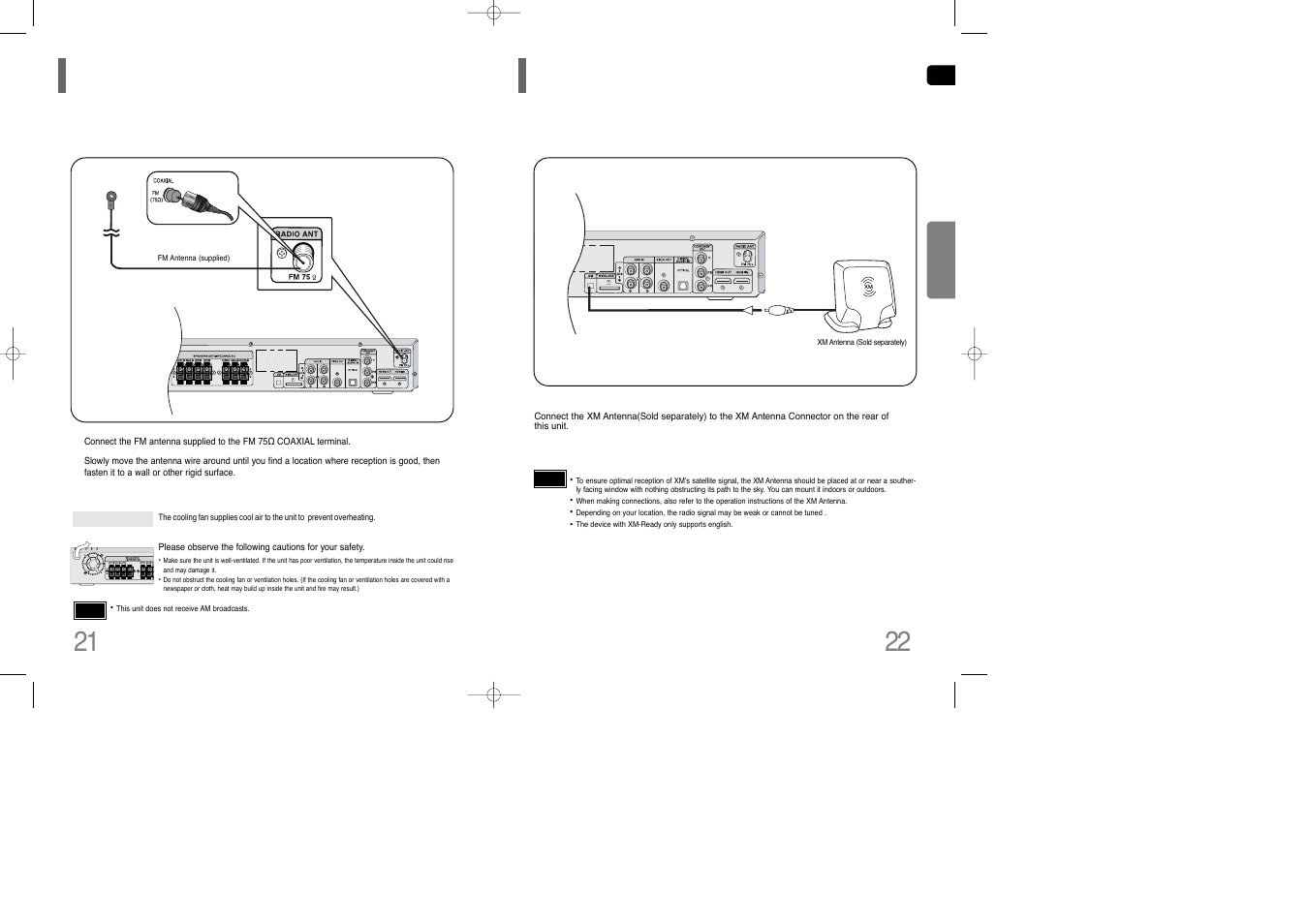 Connecting the fm antenna, Connecting an optional xm satellite radio antenna | Samsung HT-TQ85 User Manual | Page 12 / 43