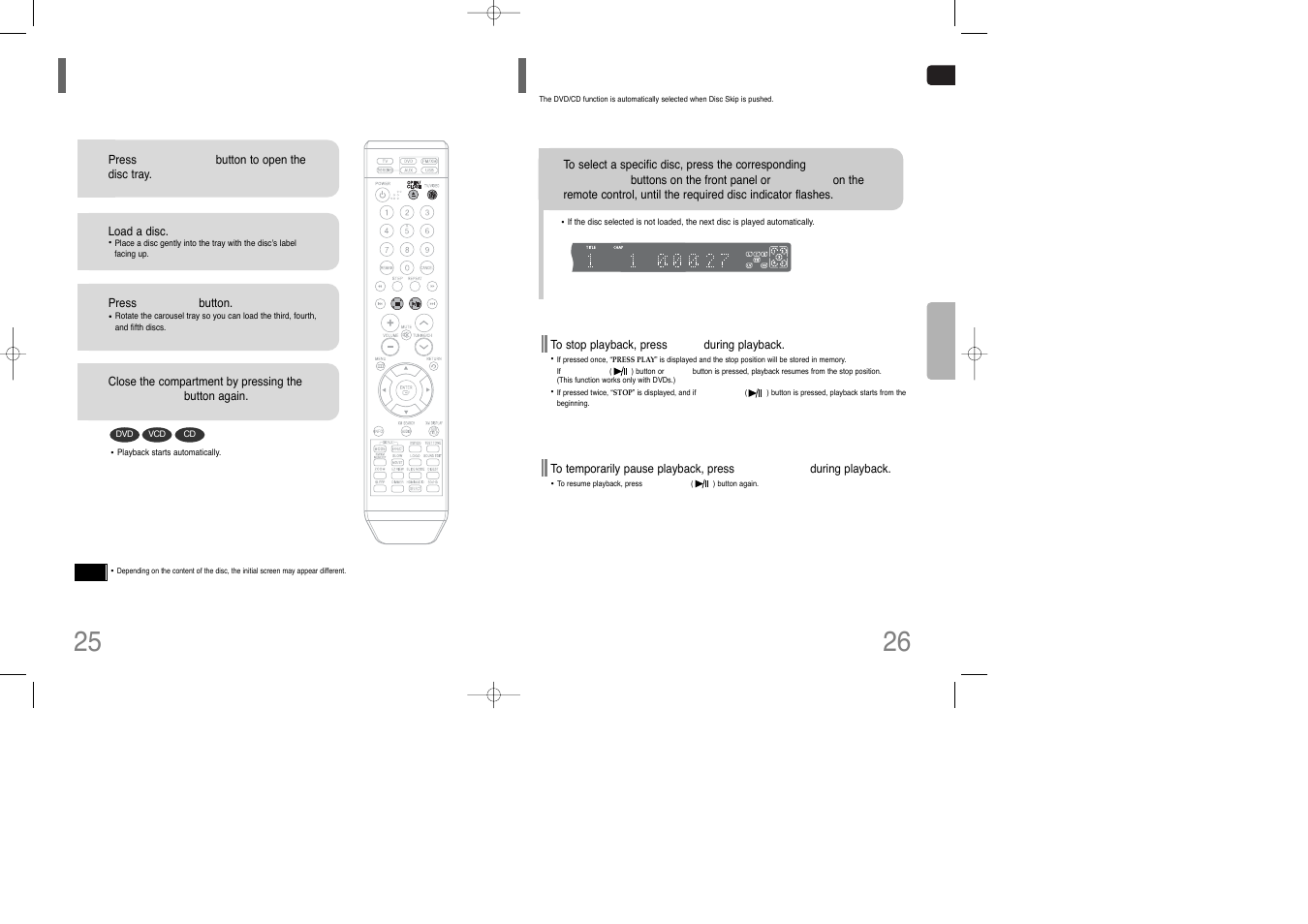 Disc playback, Selecting a disc in the disc changer, 25 disc playback | Samsung HT-TQ85 User Manual | Page 14 / 43