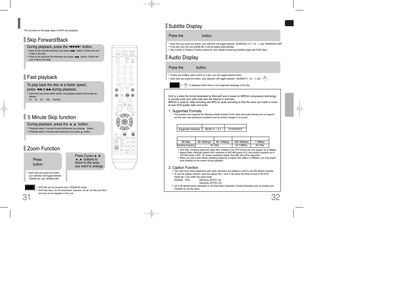 Divx playback, Fast playback, Skip forward/back | Zoom function, 5 minute skip function, Subtitle display, Audio display | Samsung HT-TQ85 User Manual | Page 17 / 43