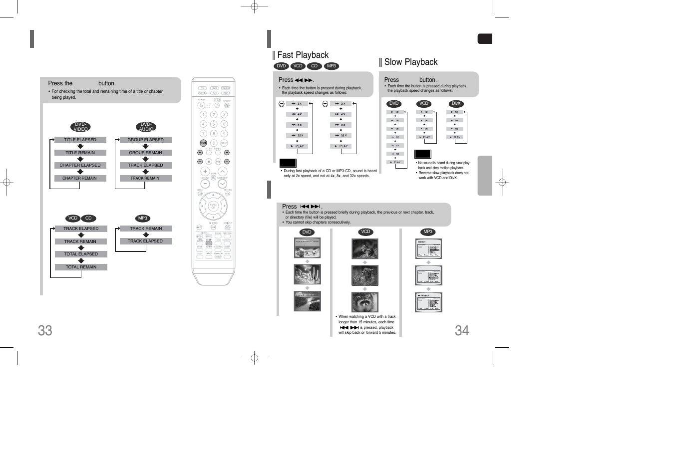 Checking the remaining time, Fast/slow playback, Fast/slow playback skipping scenes/songs | Fast playback, Slow playback | Samsung HT-TQ85 User Manual | Page 18 / 43