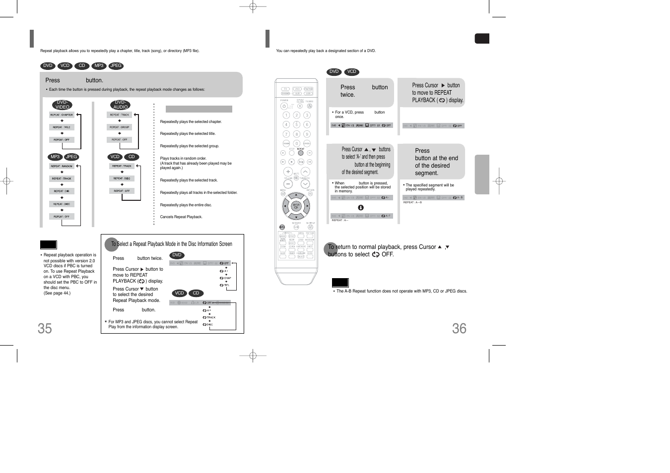 Repeat playback, A-b repeat playback, Repeat playback a-b repeat playback | Samsung HT-TQ85 User Manual | Page 19 / 43