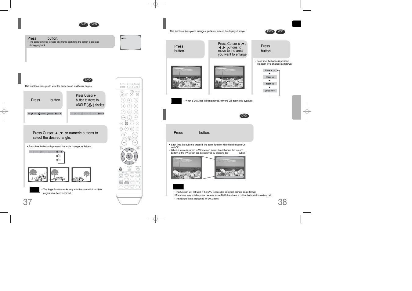 Step function, Zoom (screen enlarge) function, Zoom (screen enlarge) function ez view function | Angle function | Samsung HT-TQ85 User Manual | Page 20 / 43