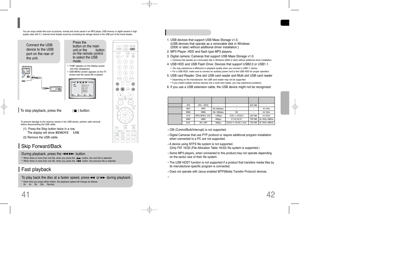 Playing media files using the usb host feature, Fast playback skip forward/back | Samsung HT-TQ85 User Manual | Page 22 / 43