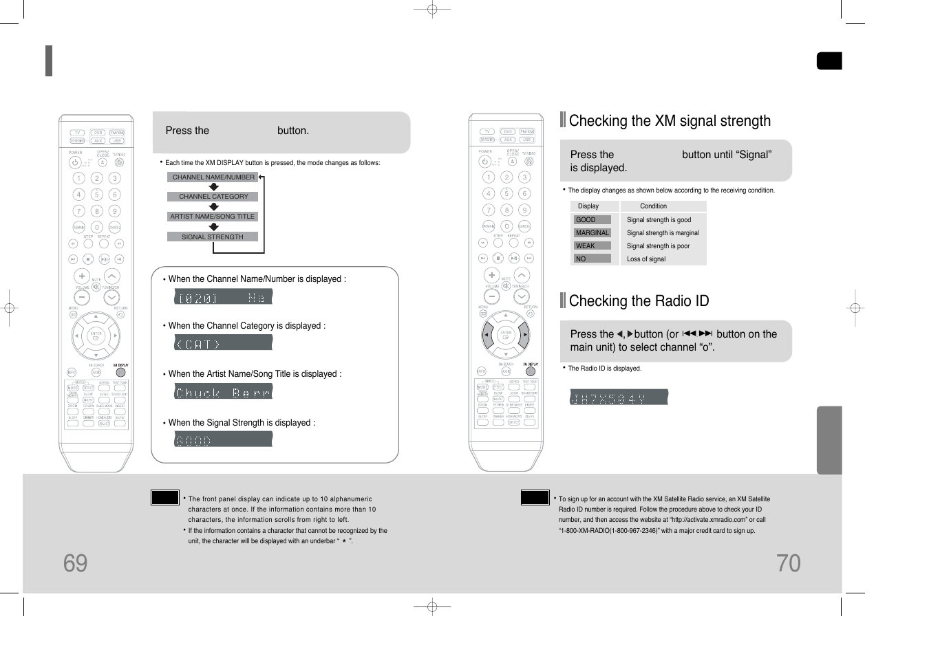 Xm display mode, 69 xm display mode, Checking the xm signal strength | Checking the radio id | Samsung HT-TQ85 User Manual | Page 36 / 43