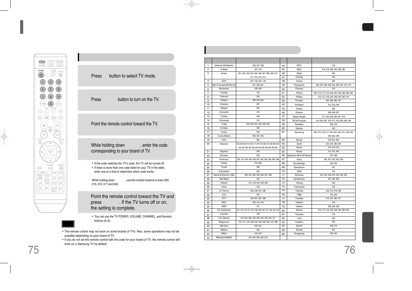 Operating a tv with the remote control, When operating a tv with the remote control, Press tv button to select tv mode | Press power button to turn on the tv, Point the remote control toward the tv, Tv brand code list, Miscellaneous | Samsung HT-TQ85 User Manual | Page 39 / 43