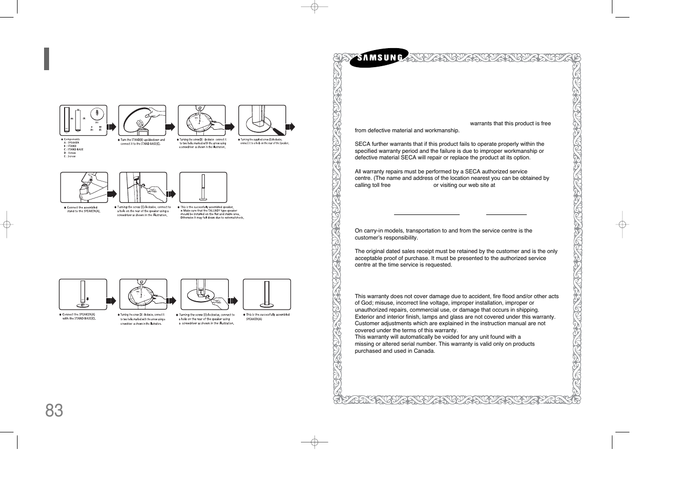 Speaker installation, Speaker installation 83 | Samsung HT-TQ85 User Manual | Page 43 / 43