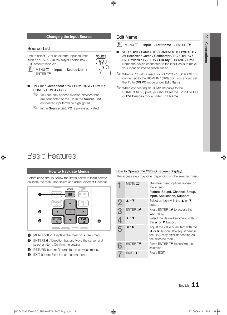 Changing the input source, Basic features, How to navigate menus | Source list, Edit name | Samsung UN65C6500 User Manual | Page 11 / 62